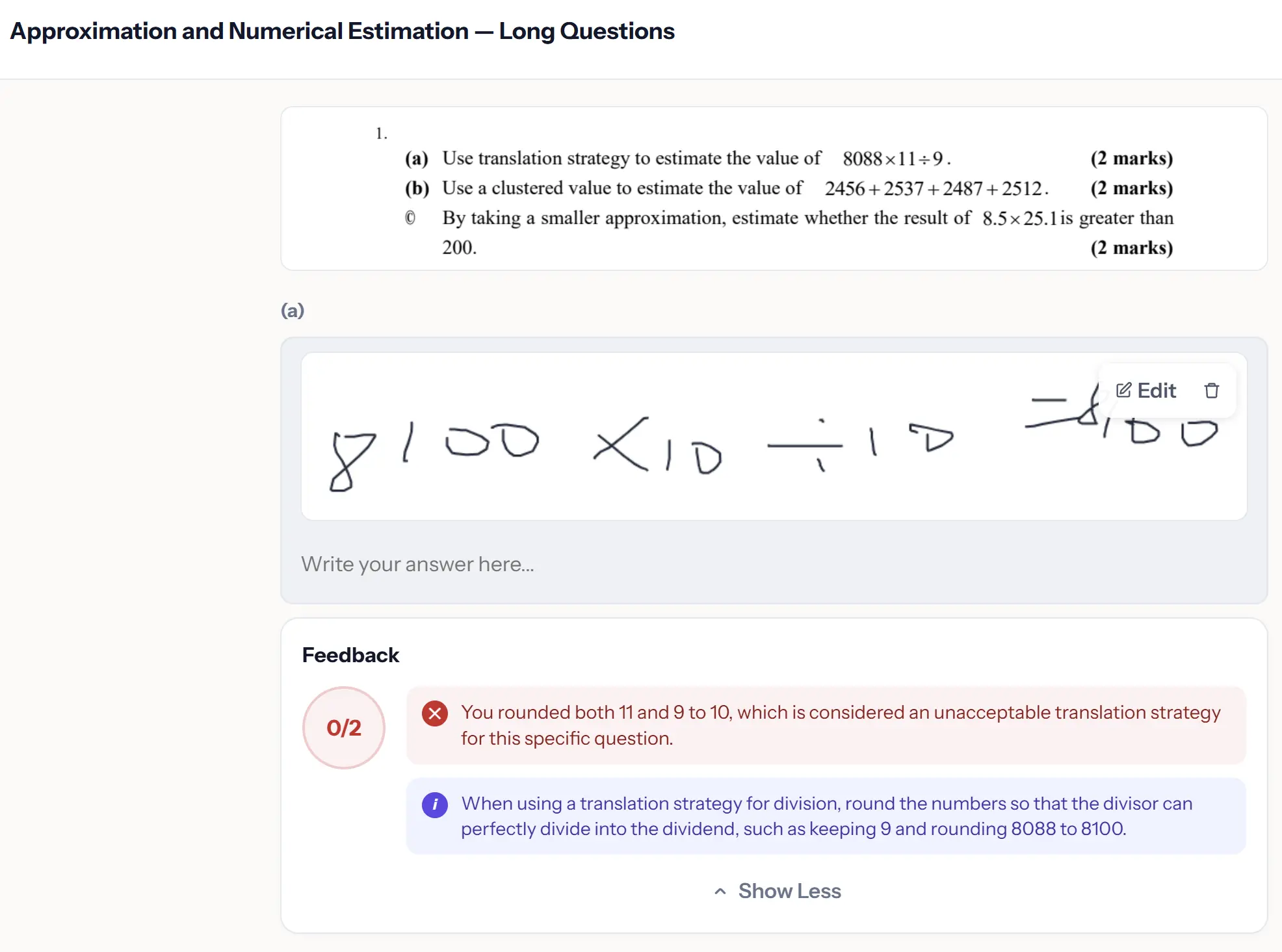 SketchMath AI auto-marking feedback on a DSE long question