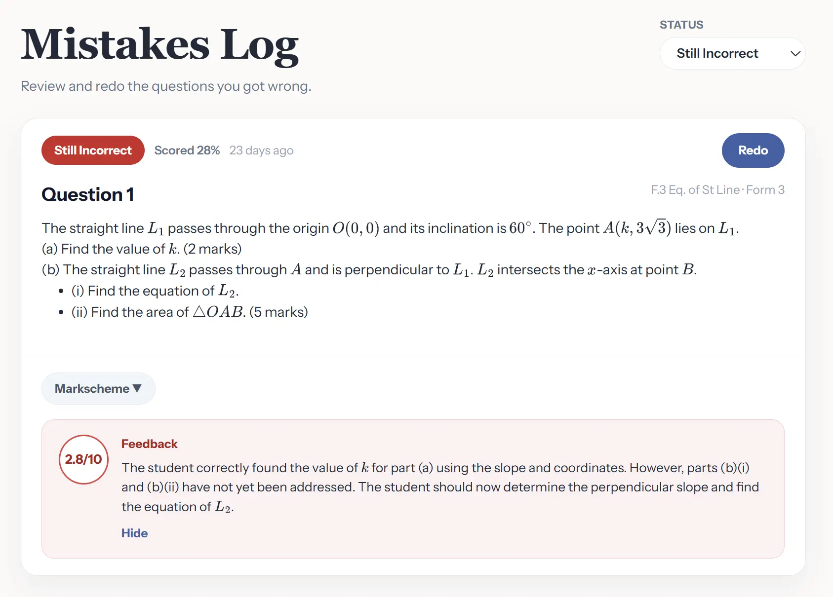 SketchMath Mistakes Log showing Still Incorrect and Later Corrected questions