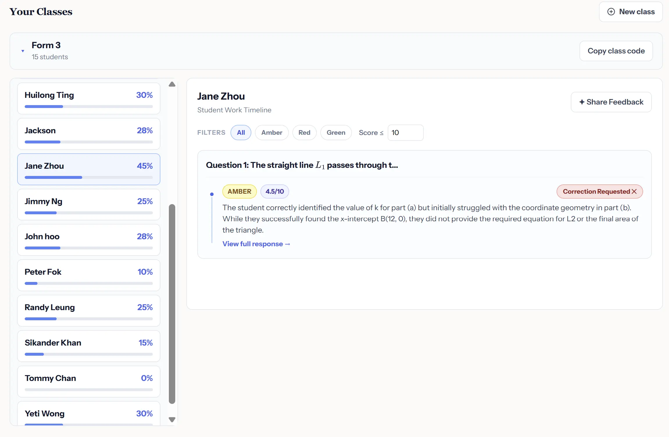 SketchMath Teacher Dashboard showing per-student progress and accuracy flags
